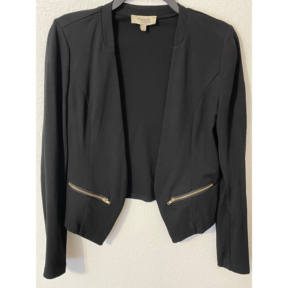Charlotte Russe Black Collarless Blazer Y2K Faux Zipper Pockets Women's Business